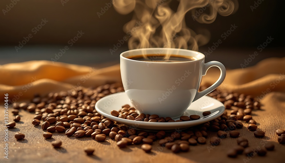 Fototapeta premium Coffee cup with beans and saucer on a white background