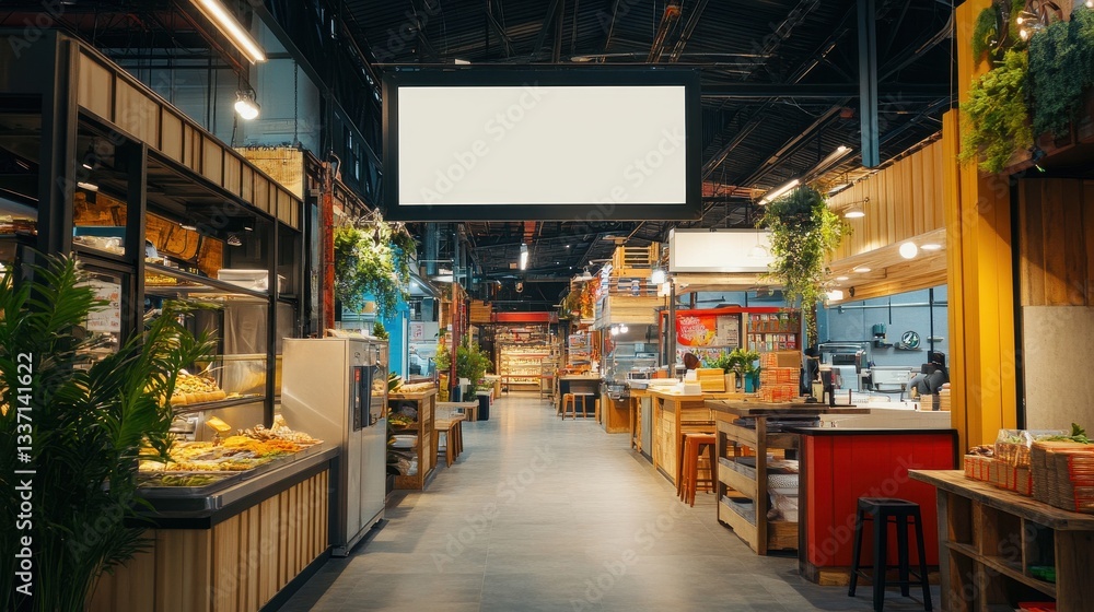 Expansive Food Hall with Vendors and Street Style Ambiance Expansive Food Hall with Vendors and Street Style Ambiance
