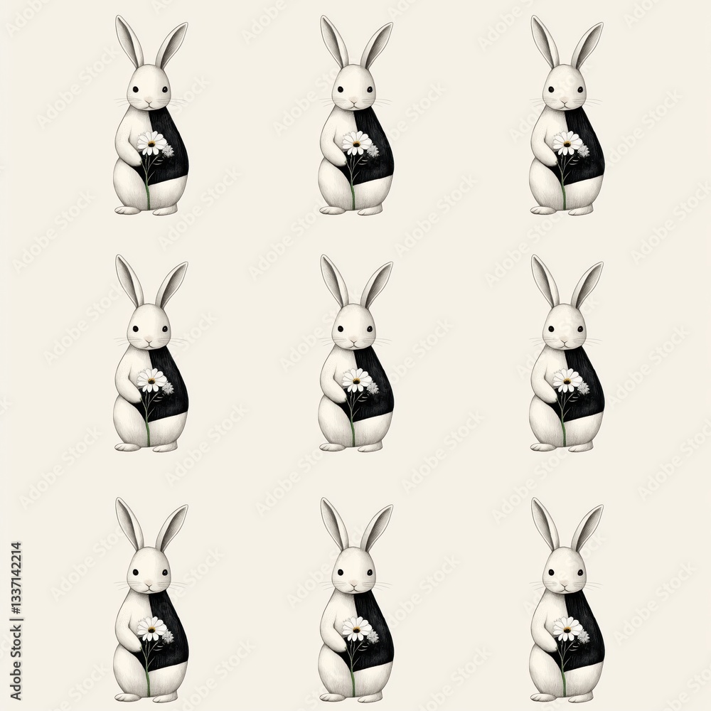 Obraz premium Charming pattern of whimsical rabbits holding flowers on soft cream background, perfect for easter or spring-themed designs and decor