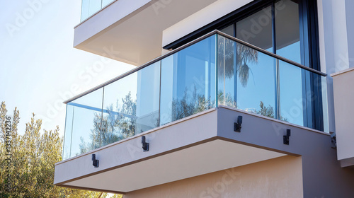 Glass banister for balcony or terrace fence. Realistic vector set of horizontal handrail with plexiglass panel and metal tubular beam fasteners for stairway guardrail. Transparent acrylic barrier.