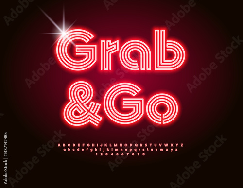 Vector Neon Advertisement Grab and Go. Unique Glowing Red Font. Cool Led Light Alphabet Letters and Numbers set