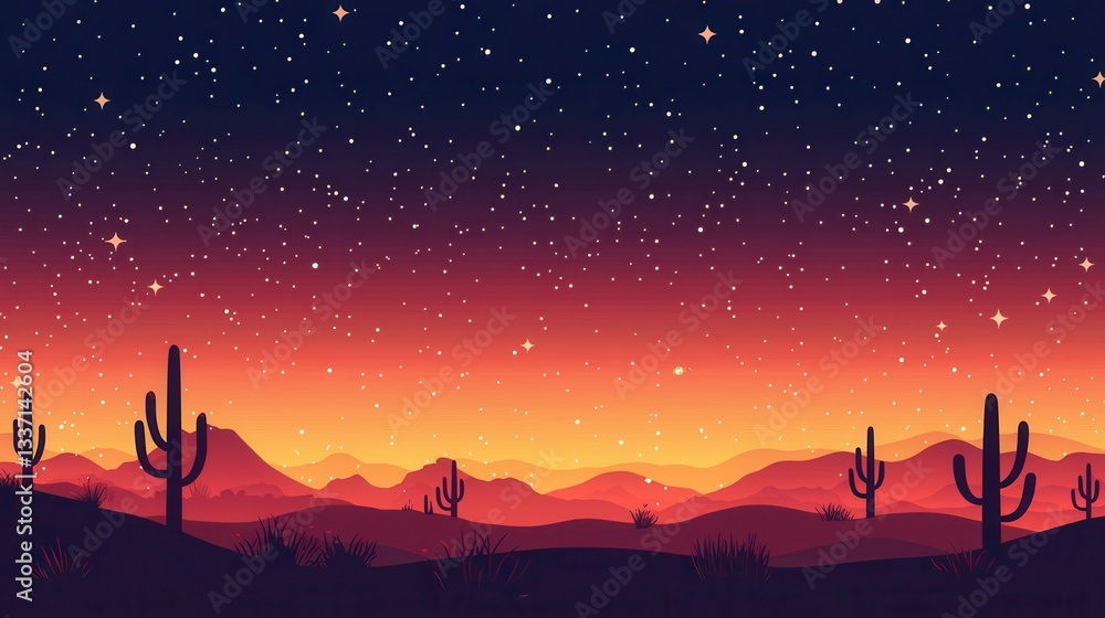 Fototapeta premium Desert Sunset Landscape with Starry Night Sky and Cactus Silhouettes