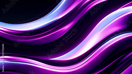 Abstract holographic showcasing glowing curved purple fluid motion waves background with neon glow