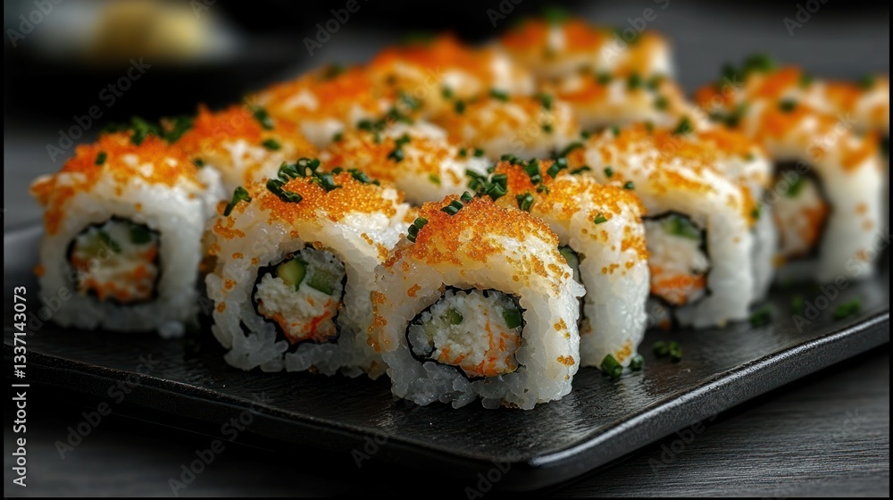 Freshly prepared sushi rolls, arranged neatly on a dark plate, topped with a vibrant sprinkle of tobiko Freshly prepared sushi rolls, arranged neatly on a dark plate, topped with a vibrant sprinkle of tobiko