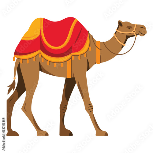 Cute decorated camel cartoon illustration. The camel is adorned with colorful decorations, showcasing a playful design in a vector style, isolated on a white background.