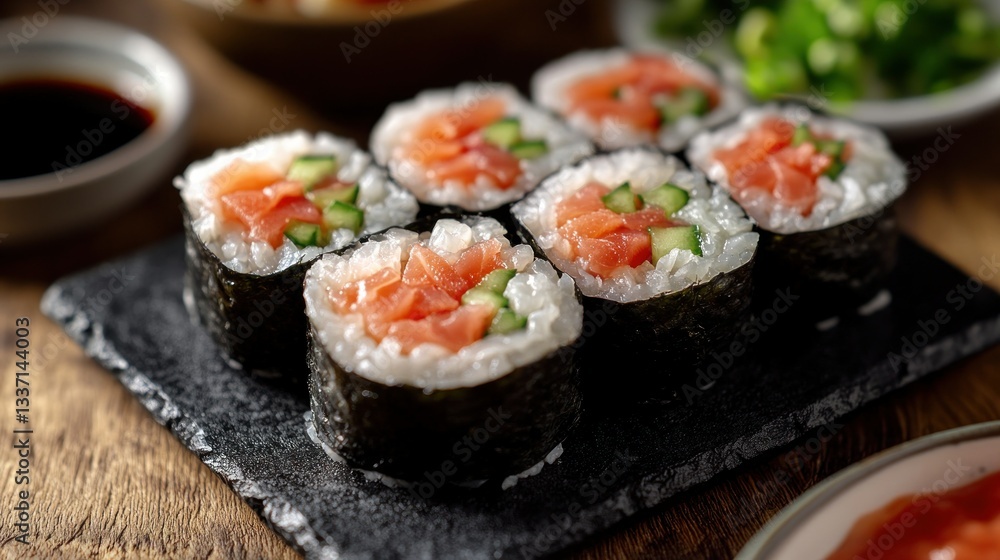 Freshly prepared sushi rolls, showcasing a selection of salmon and cucumber maki Freshly prepared sushi rolls, showcasing a selection of salmon and cucumber maki