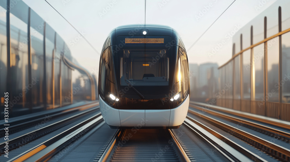 Naklejka premium Train or metro, front view, subway locomotive on rails with windshield and illumination. Modern city transport, railway commuter isolated on transparent background, Realistic 3d vector illustration
