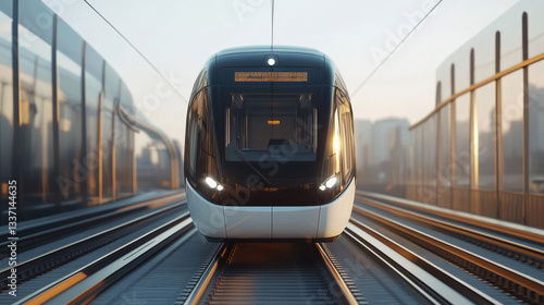 Fototapeta Naklejka Na Ścianę i Meble -  Train or metro, front view, subway locomotive on rails with windshield and illumination. Modern city transport, railway commuter isolated on transparent background, Realistic 3d vector illustration