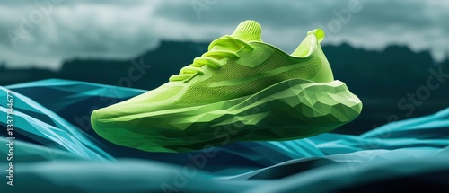 Floating lime green shoe over teal fabric mountains