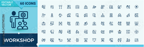 Set of Workshop line icon. Contains such icon as seminar, learn, briefing, consulting, learning and more. Minimalist icons collection. Team linear icon. Solid line editable stroke.