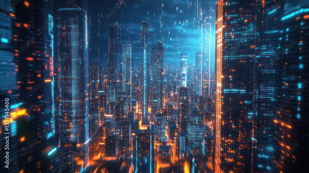 Fototapeta premium Futuristic city skyline at night; digital art; aerial view; possible use stock photo