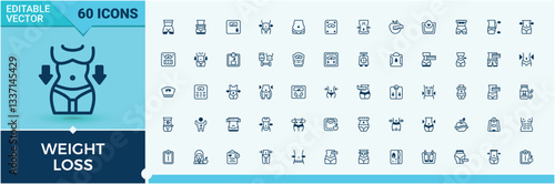 Weight Loss vector line icon set. Featuring weight, calorie, lifestyle, fitness, health, exercise and more. Collection for mobile and web apps. Diet icon set. Outline and solid pictogram.