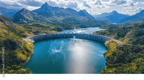 Dramatic hydroelectric dam in serene mountain valley landscape photography nature aerial view