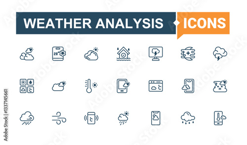 Weather Analysis icon set in linear style. Contains such icon as sun, nature, cloud, thunder, forecast and more. Weather Forecast icon set. Web icons. Vector line and solid icons.