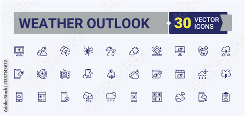 Weather Outlook icon. Contains outline symbols like sunny, sun, cloud, rain, climate and more. Weather Forecast icon collection. Sign and Symbol. Vector line and solid icons.