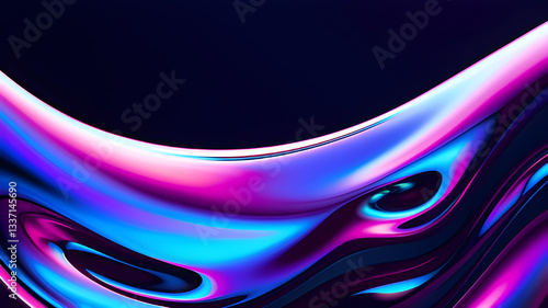Abstract fluid holographic purple curved wave in dark background 3d render