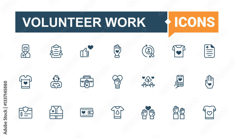 Volunteer Work icon set. Contains such icon as care, charity, help, unity, humanitarian, donate, support and more. Volunteering icon set. Minimal icons set. Conceptual pictogram and infographic. Volunteer Work icon set. Contains such icon as care, charity, help, unity, humanitarian, donate, support and more. Volunteering icon set. Minimal icons set. Conceptual pictogram and infographic.