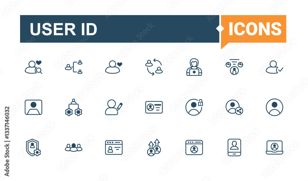 User ID vector line icon set. Contains outline symbols like account, username, personal, registration, profile and more. User Account icon set. Solid line editable stroke. Vector collection. User ID vector line icon set. Contains outline symbols like account, username, personal, registration, profile and more. User Account icon set. Solid line editable stroke. Vector collection.