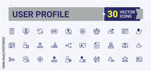 User Profile icon set. Included privacy setting, personal, user, account, username and more. User Account icon set. Isolated icons. Editable vector outline and solid icons.