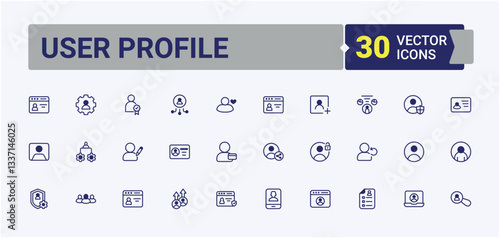 User Profile icon set. Included privacy setting, personal, user, account, username and more. User Account icon set. Isolated icons. Editable vector outline and solid icons.