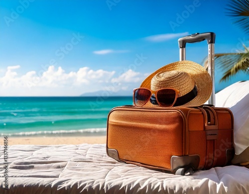 Photo of luxury travel concept: suitcase, passport, and sunglasses on a bed with ocean view, bright and inviting, with copy space for branding.
