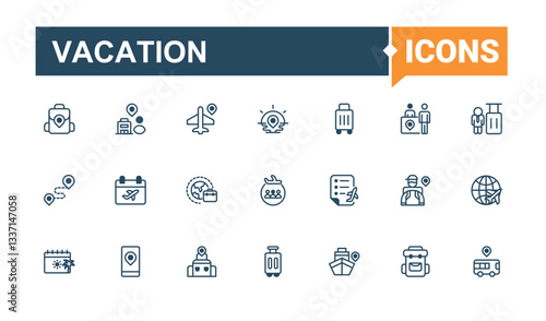 Vacation vector line icon set. Featuring summer, beach, transport, tourist, tour and more. Travel icon set. Line icons with editable stroke. Editable vector outline and solid icons.