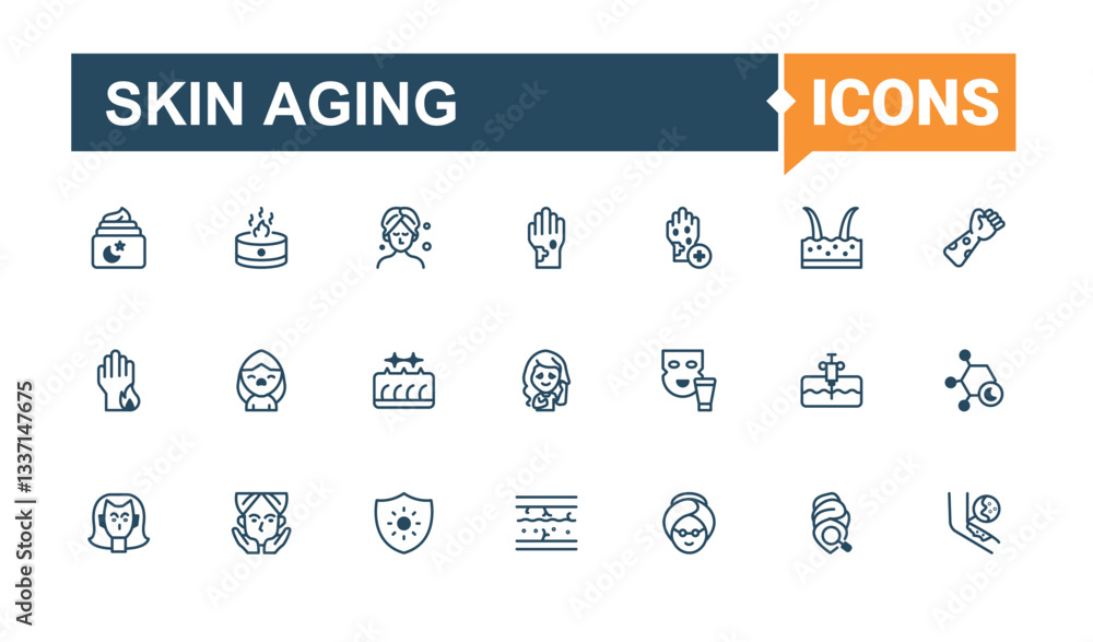 Skin Aging related icon set. Featuring face, dermatology, care, skin, wrinkle and more. Wrinkles And Skin icon. Icons for UI. Vector line and solid icons. Skin Aging related icon set. Featuring face, dermatology, care, skin, wrinkle and more. Wrinkles And Skin icon. Icons for UI. Vector line and solid icons.