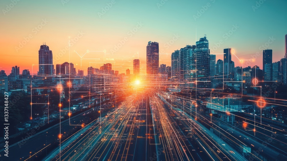 Futuristic city highway at sunset, technology background, possible use stock photo for technology, design, urban planning Futuristic city highway at sunset, technology background, possible use stock photo for technology, design, urban planning