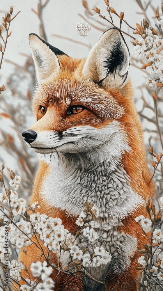 Fototapeta premium Majestic fox portrait amidst delicate spring blossoms artwork illustration