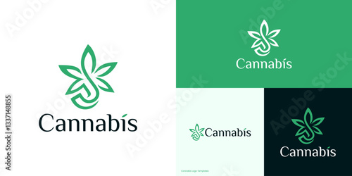Creative cannabis leaf logo icon design, Cannabis combination with leaves for organic nature, Marijuana hemp weed leaf for herbal CBD with line art style, Vector design inspiration idea concept.