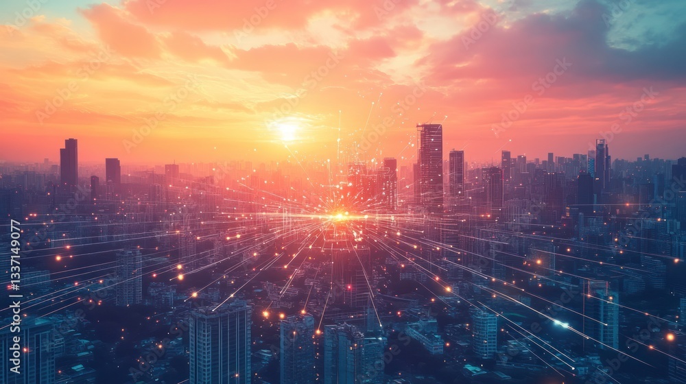 Fototapeta premium Cityscape sunset network connection. Aerial view of urban infrastructure. Stock photo