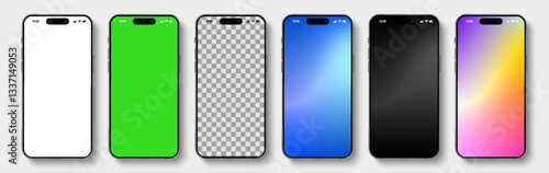Smartphone mockup set, 3D mobile phones device front view for ui ux presentation, high quality smart phone mockup with shadow, realistic smart phone isolated