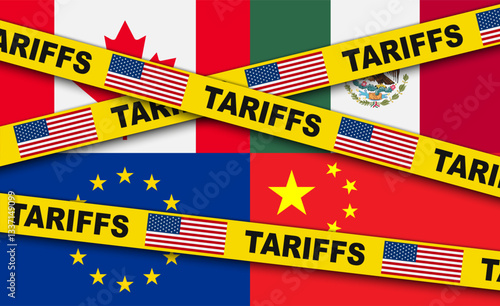American tariffs and US government import taxation, USA trade war policy, domestic market protectionism, american tariffs for Mexico, Canada, China and Europe, taxation dispute conflict