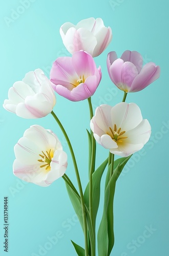 Elegant tulips in soft pastel colors against a light blue background, perfect for spring decor and floral arrangements