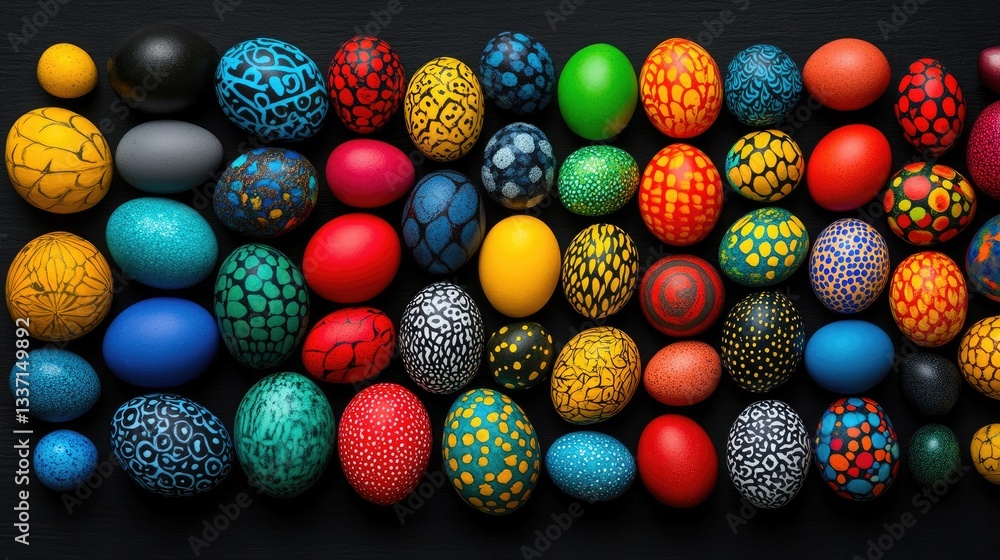Painted Easter egg background with colorful detailed designs Painted Easter egg background with colorful detailed designs