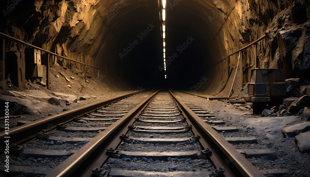 Naklejka premium Railroad Tracks Leading Through a Lit Tunnel Into Darkness Perspective