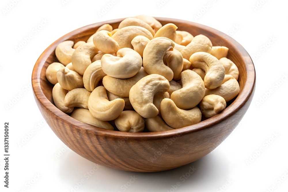 A bowl overflowing with creamy cashew nuts, a wholesome and delicious treat, nestled in a rustic wooden bowl against a bright white backdrop. A bowl overflowing with creamy cashew nuts, a wholesome and delicious treat, nestled in a rustic wooden bowl against a bright white backdrop.