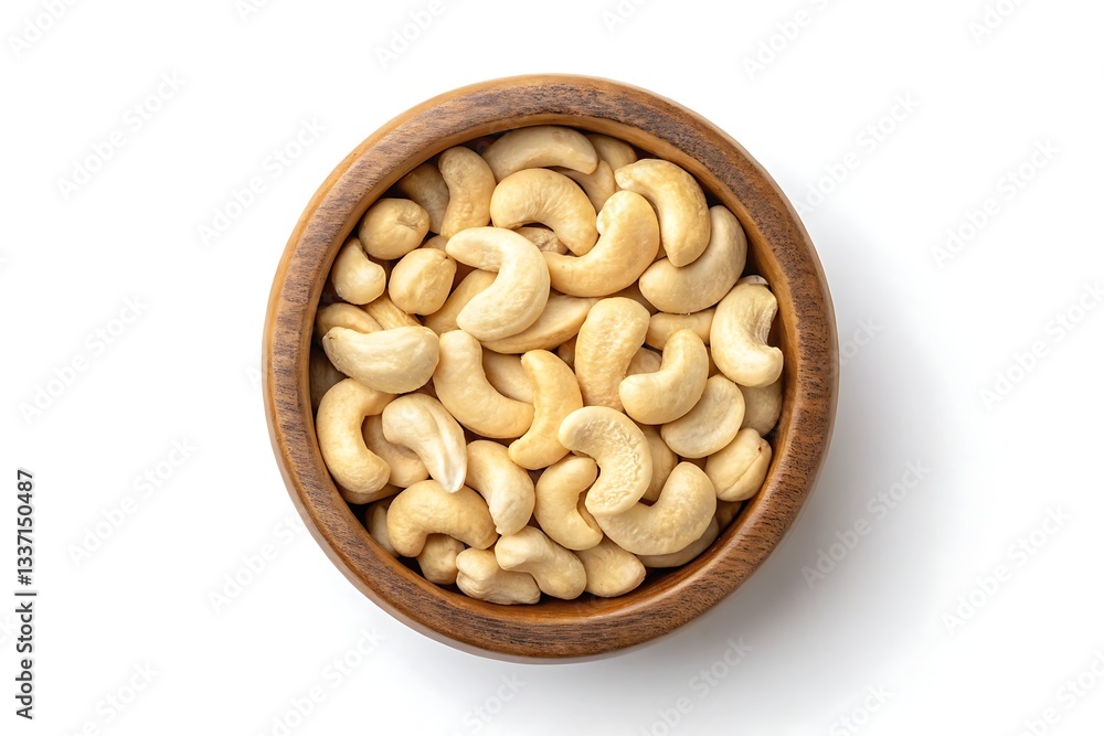 A wholesome bowl brimming with creamy cashew nuts, a healthy and delicious snack, presented against a bright white background in a rustic wooden bowl. A wholesome bowl brimming with creamy cashew nuts, a healthy and delicious snack, presented against a bright white background in a rustic wooden bowl.