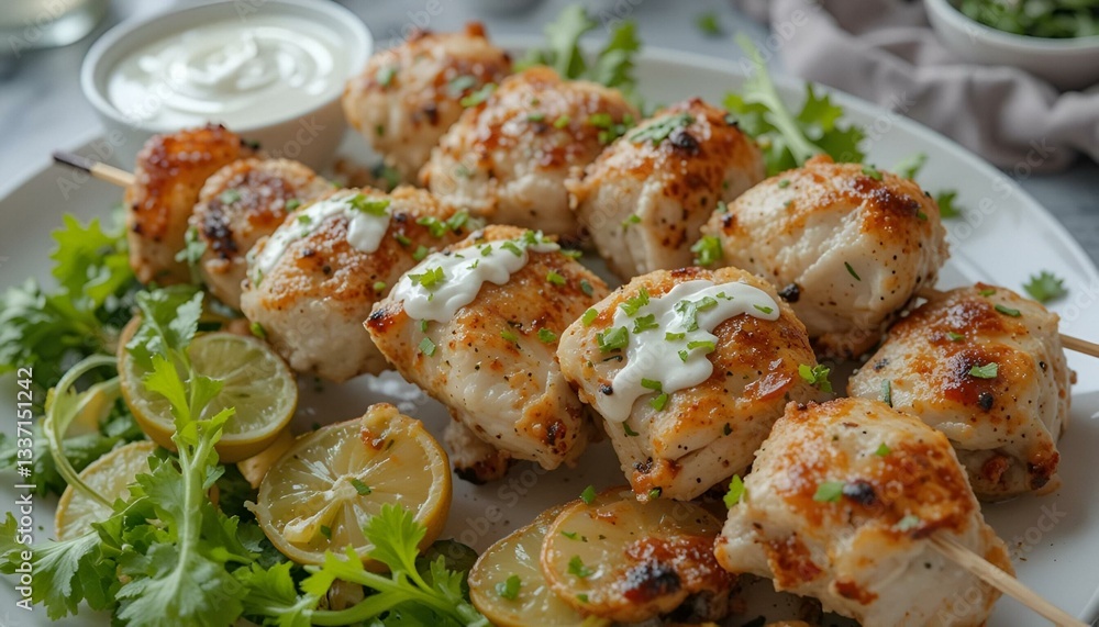 chicken breast on skewers with tzatziki sauce chicken breast on skewers with tzatziki sauce
