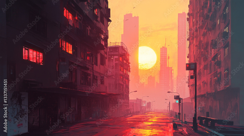 Fototapeta premium Empty morning city street at sunrise. Vector cartoon illustration of modern megalopolis architecture, windows of apartment buildings illuminated by rays of dawn. Beautiful cityscape with skyscrapers