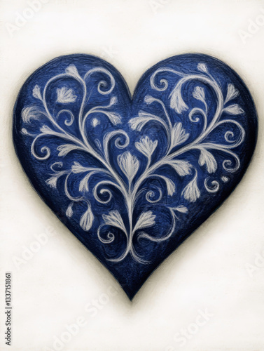 A beautifully detailed blue heart adorned with intricate white floral patterns, creating an elegant and artistic design. The heart stands out against a soft, neutral background.
