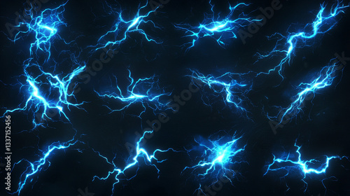Sprite sheet with lightnings, thunderbolt strikes set for game fx animation. Vector realistic set of blue electric impact at night, sparking discharge of thunderstorm isolated on black background