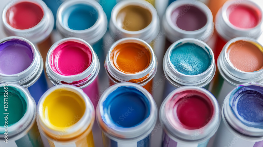 Set of paints tubes with blots top view, colorful palette with oil or acrylic dye in metal aluminium bottles with white screw caps isolated on transparent background, Realistic 3d vector illustration Set of paints tubes with blots top view, colorful palette with oil or acrylic dye in metal aluminium bottles with white screw caps isolated on transparent background, Realistic 3d vector illustration
