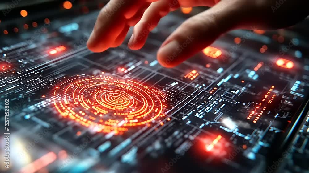 Futuristic hand interacting with glowing digital interface, showcasing technology and innovation Futuristic hand interacting with glowing digital interface, showcasing technology and innovation