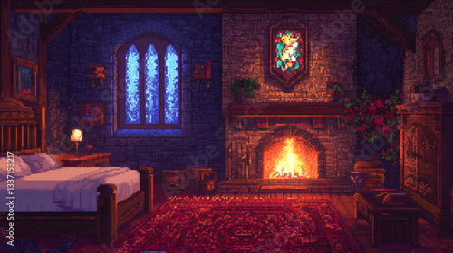 Bedroom in castle with fireplace and wooden furniture at night. Medieval palace or mansion room interior with bed, mirror, chair, chest, candles and stained glass window, vector cartoon illustration