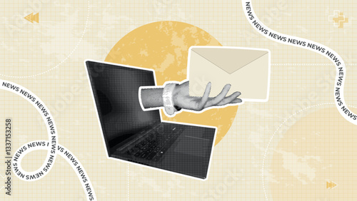 Trendy halftone illustration for business,delivery,notification, communication,purchase,sale.Halftone hand from laptop delivers letter.Commercial banner.Creative concepts for social media,marketing.