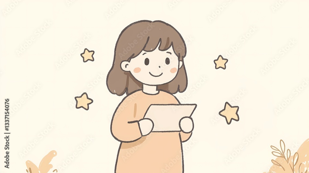 Tablet screen displaying review stars as a girl interacts, emphasizing customer experience, online testimonials, and service evaluation, artistic comic book style Tablet screen displaying review stars as a girl interacts, emphasizing customer experience, online testimonials, and service evaluation, artistic comic book style