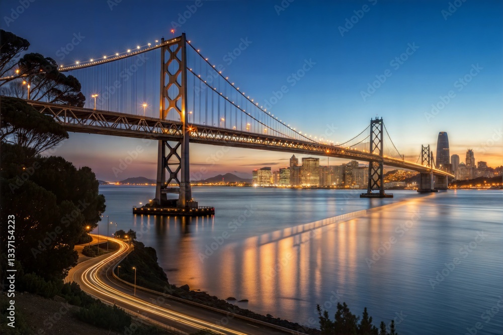 Obraz premium Stunning Golden Hour View of the Bay Bridge over San Francisco Bay, A breathtaking vista of the iconic San Francisco-Oakland Bay Bridge at twilight.