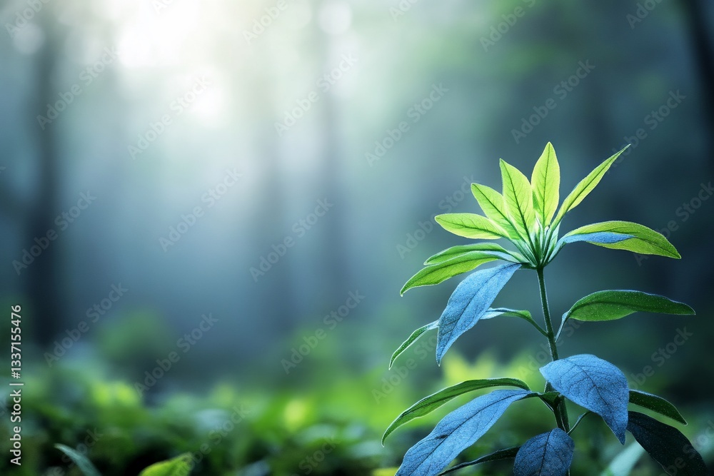 Sunlit sprout in misty forest Sunlit sprout in misty forest
