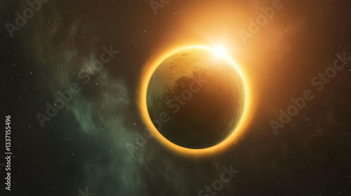Fototapeta Naklejka Na Ścianę i Meble -  Green planet light glow eclipse in space horizon background. Abstract Earth flare realistic galaxy design. Sunrise shine halo effect. Radial cosmic meteor arch edge and outer starry night sky